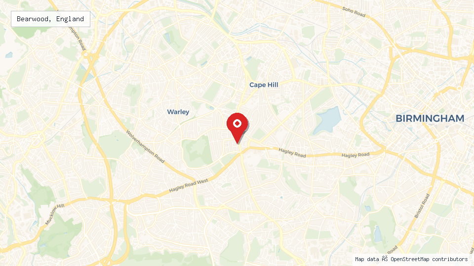Street map of Bearwood, England with location pin