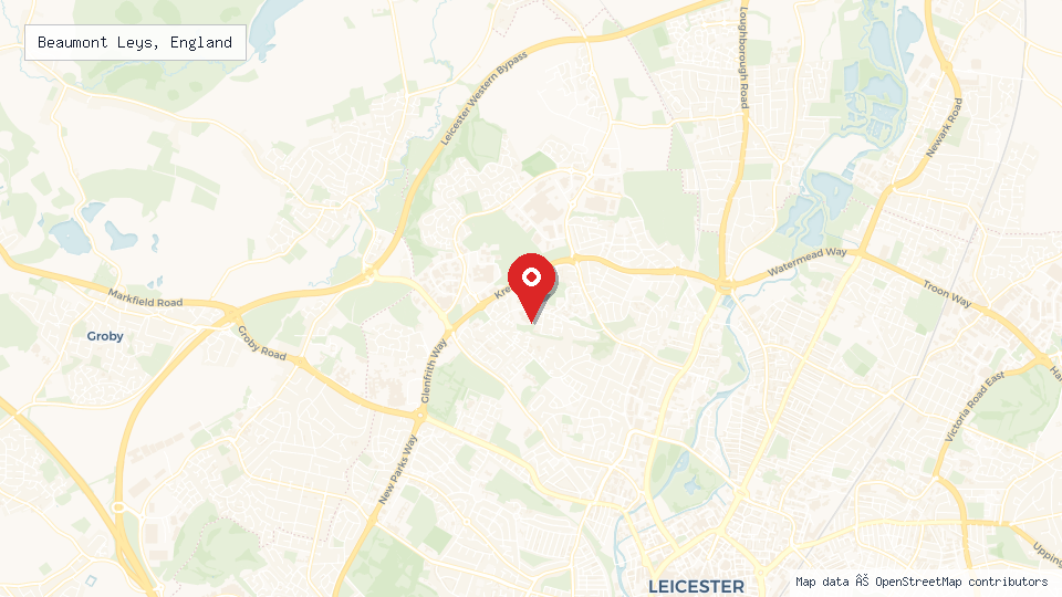Street map of Beaumont Leys, England with location pin