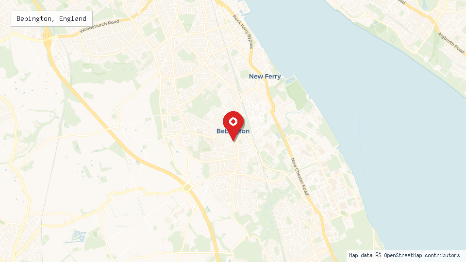 Street map of Bebington, England with location pin