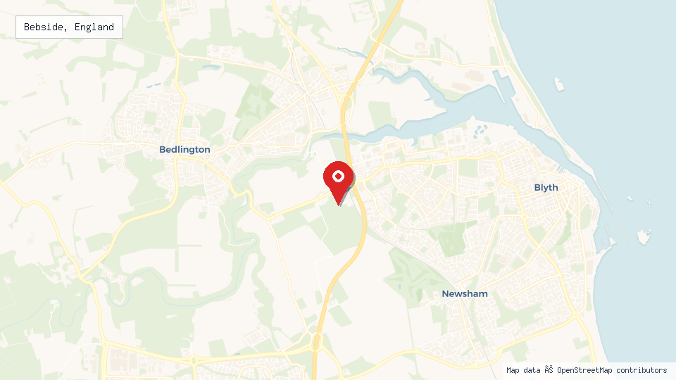 Street map of Bebside, England with location pin