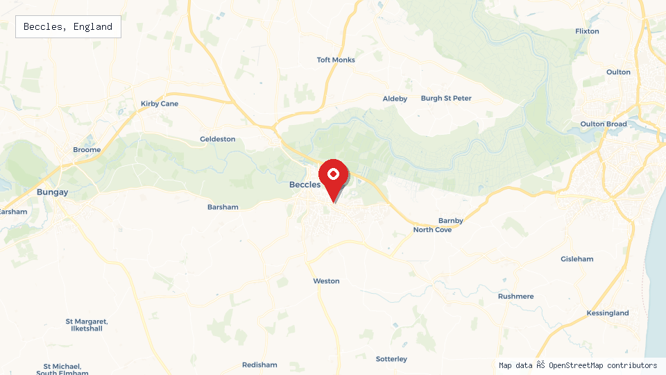 Street map of Beccles, England with location pin
