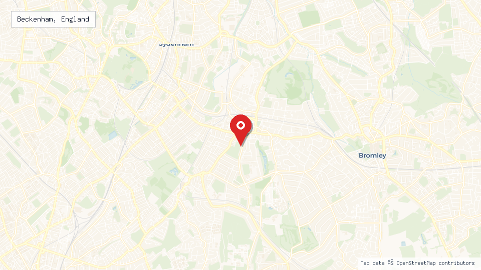 Street map of Beckenham, England with location pin