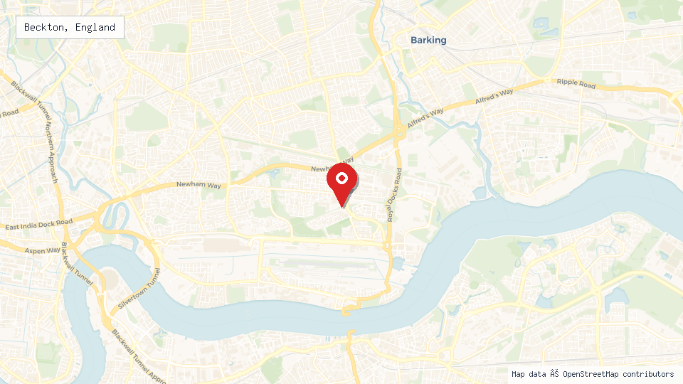Street map of Beckton, England with location pin