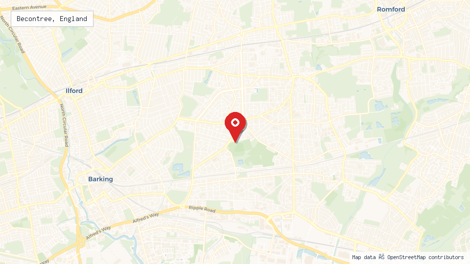 Street map of Becontree, England with location pin