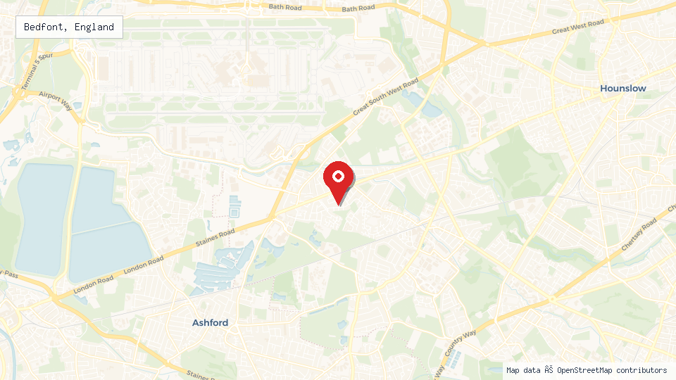 Street map of Bedfont, England with location pin