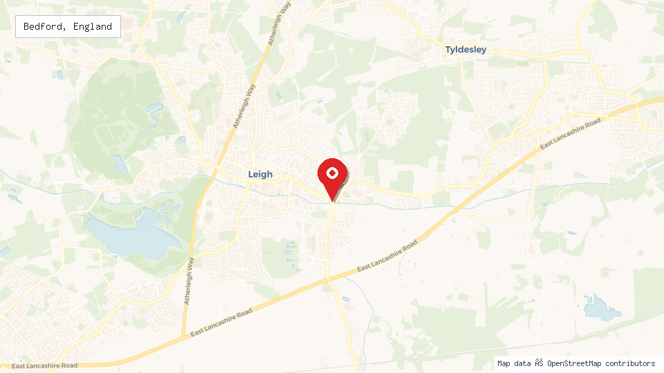Street map of Bedford, England with location pin