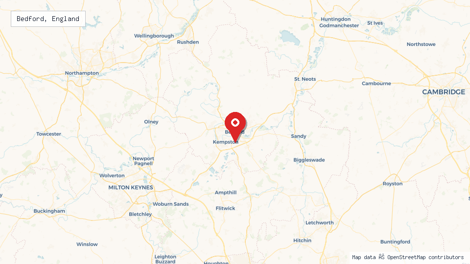 Street map of Bedford, England with location pin