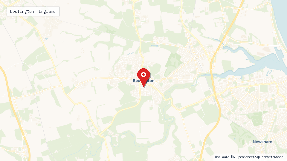 Street map of Bedlington, England with location pin