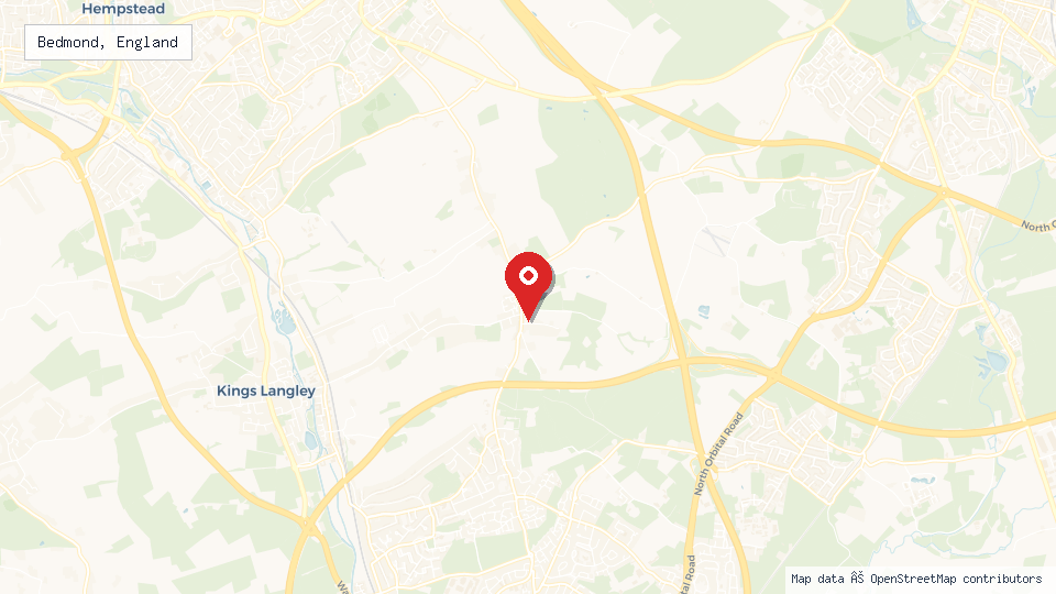 Street map of Bedmond, England with location pin