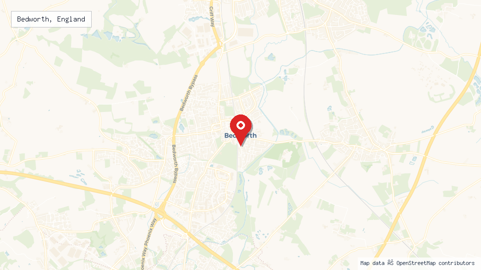 Street map of Bedworth, England with location pin