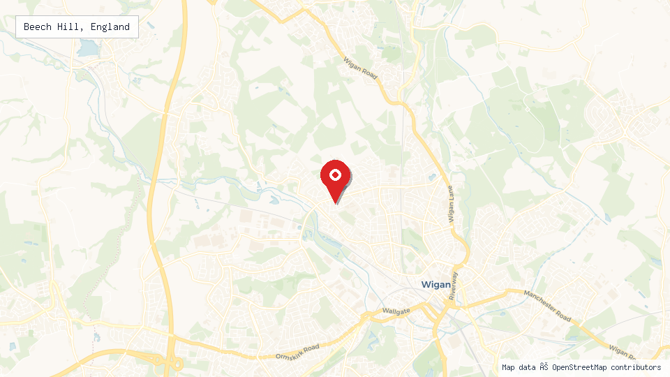 Street map of Beech Hill, England with location pin