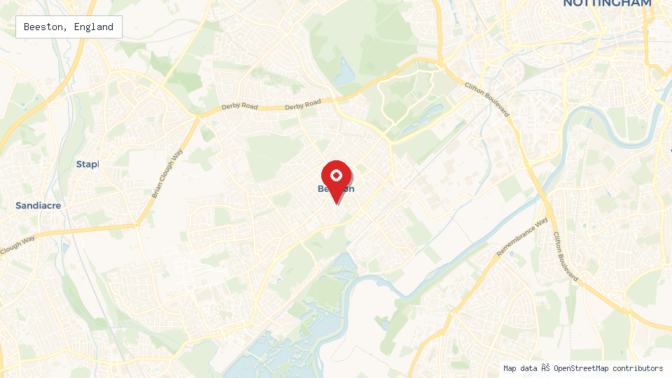 Street map of Beeston, England with location pin
