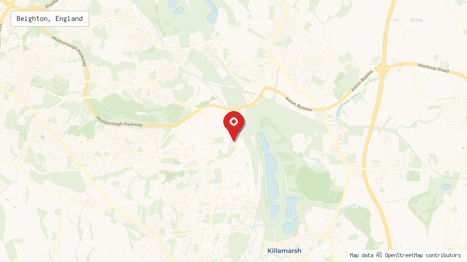 Street map of Beighton, England with location pin