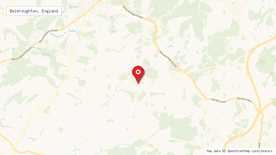 Street map of Belbroughton, England with location pin