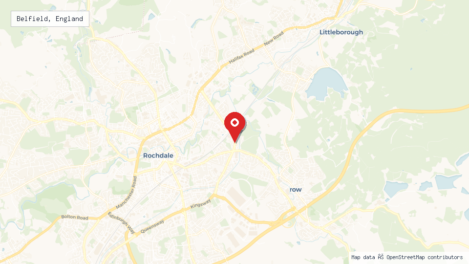 Street map of Belfield, England with location pin