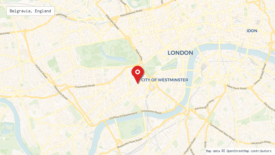Street map of Belgravia, England with location pin