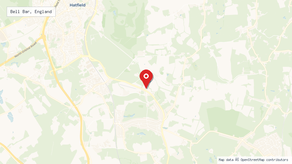 Street map of Bell Bar, England with location pin