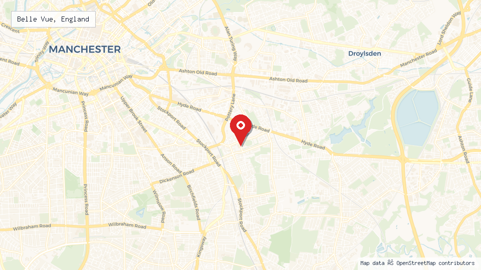 Street map of Belle Vue, England with location pin