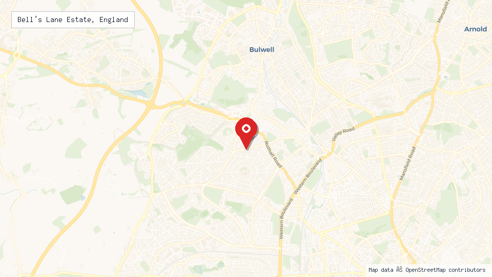 Street map of Bell's Lane Estate, England with location pin