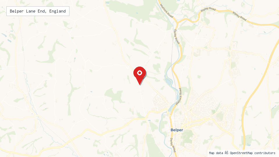 Street map of Belper Lane End, England with location pin