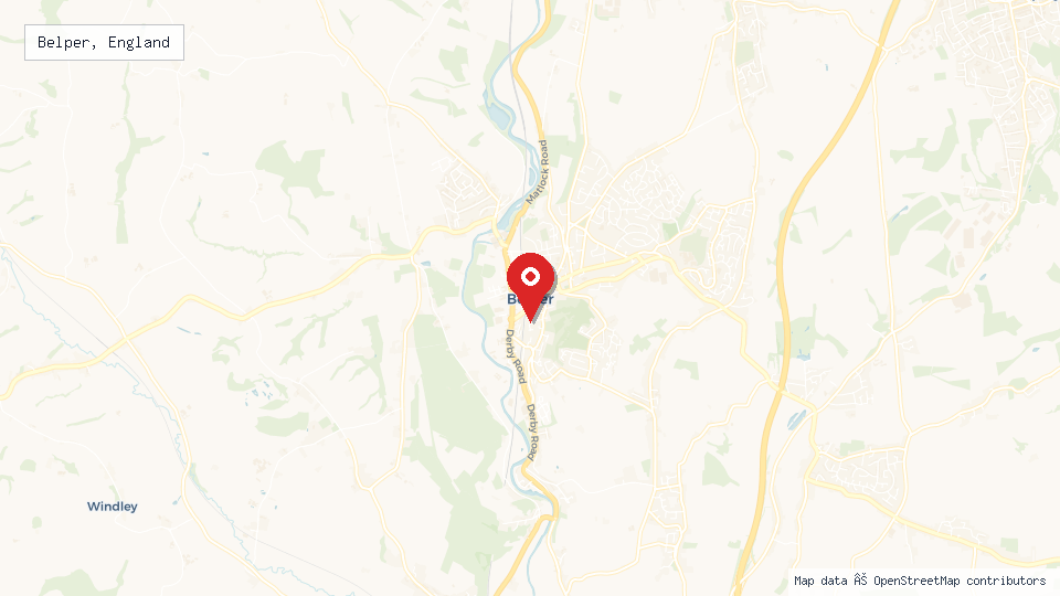 Street map of Belper, England with location pin