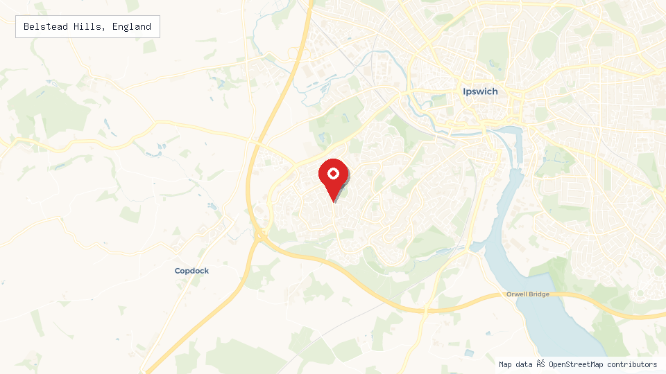 Street map of Belstead Hills, England with location pin