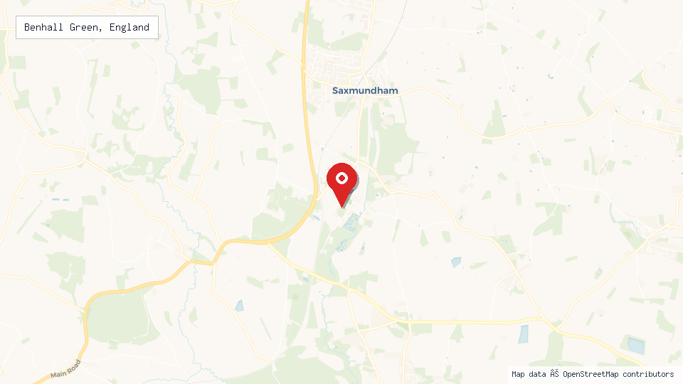 Street map of Benhall Green, England with location pin