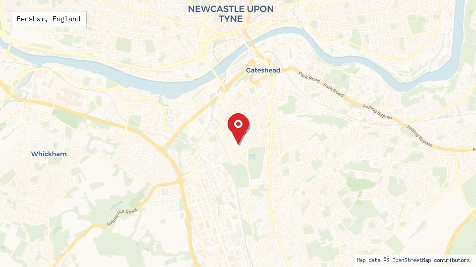 Street map of Bensham, England with location pin