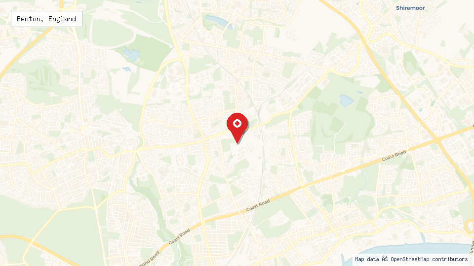 Street map of Benton, England with location pin