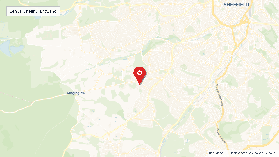 Street map of Bents Green, England with location pin
