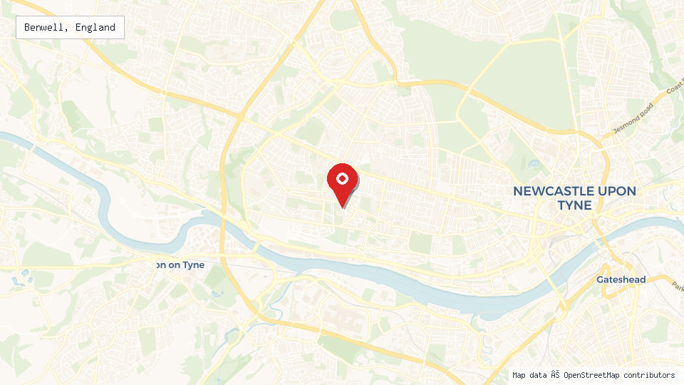 Street map of Benwell, England with location pin