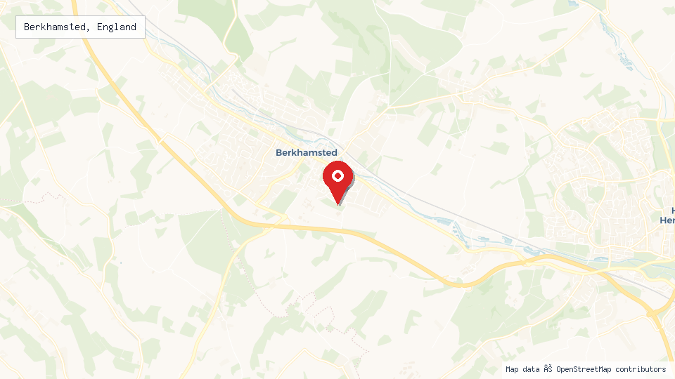 Street map of Berkhamsted, England with location pin