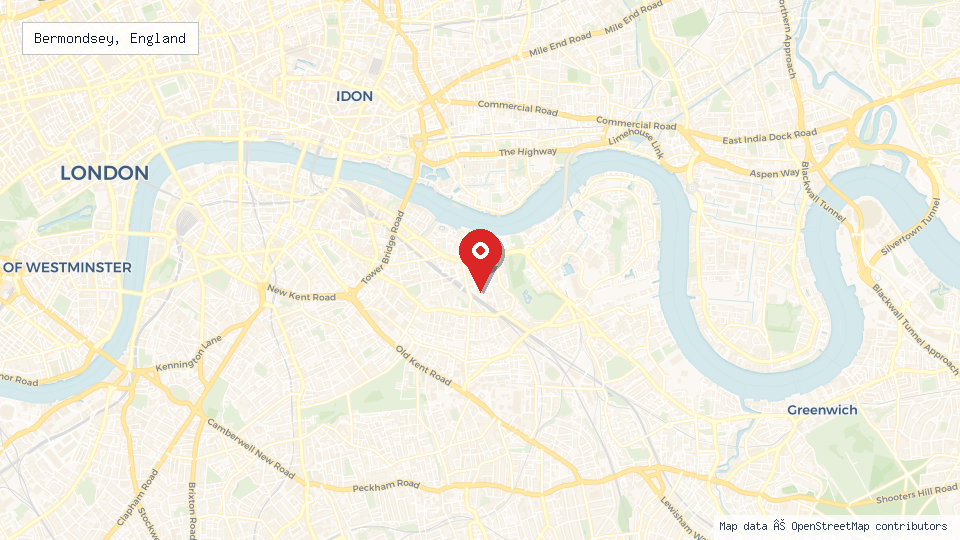 Street map of Bermondsey, England with location pin