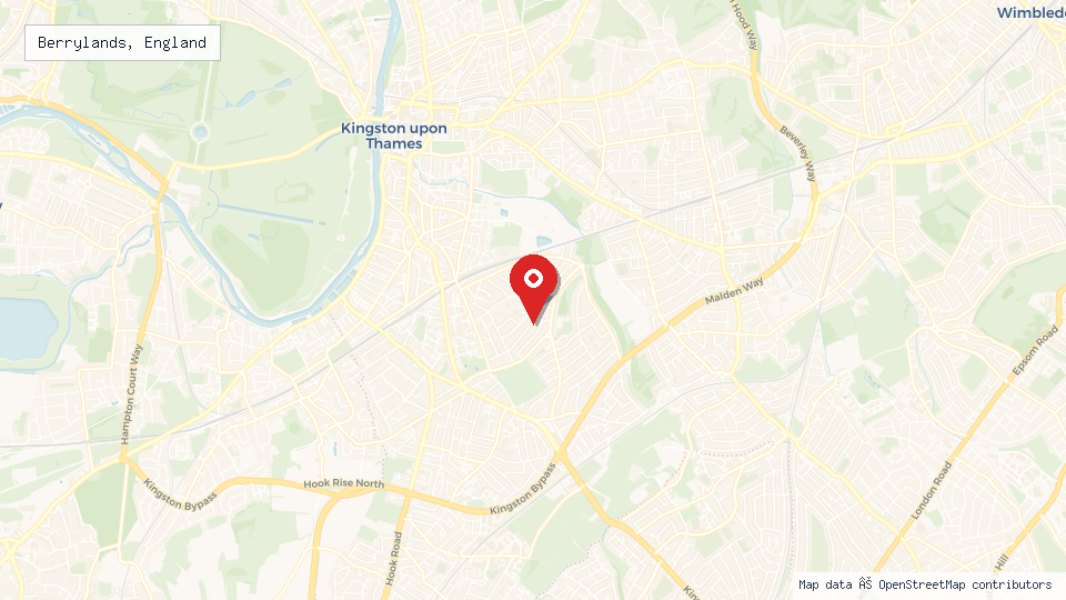 Street map of Berrylands, England with location pin