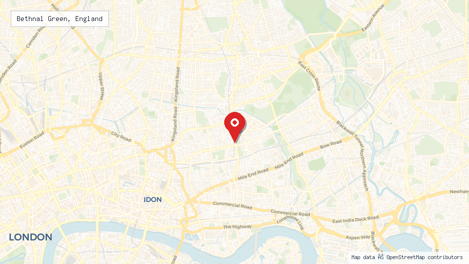 Street map of Bethnal Green, England with location pin