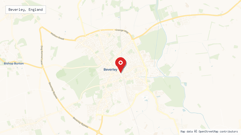 Street map of Beverley, England with location pin