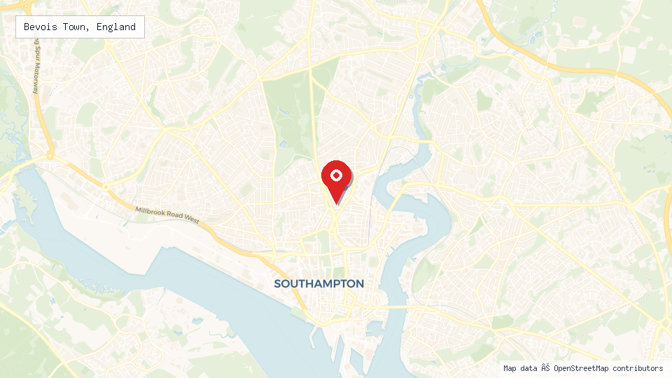 Street map of Bevois Town, England with location pin