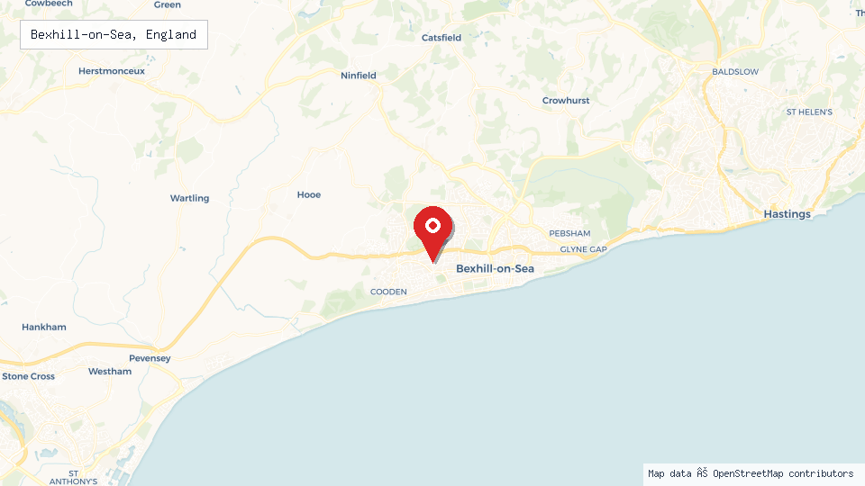 Street map of Bexhill-on-Sea, England with location pin