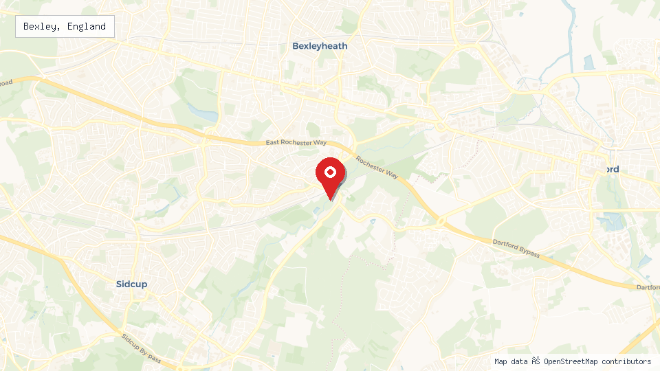 Street map of Bexley, England with location pin