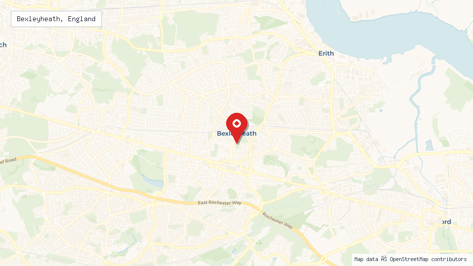 Street map of Bexleyheath, England with location pin