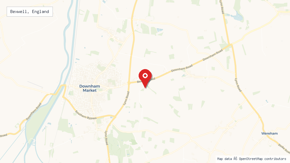 Street map of Bexwell, England with location pin