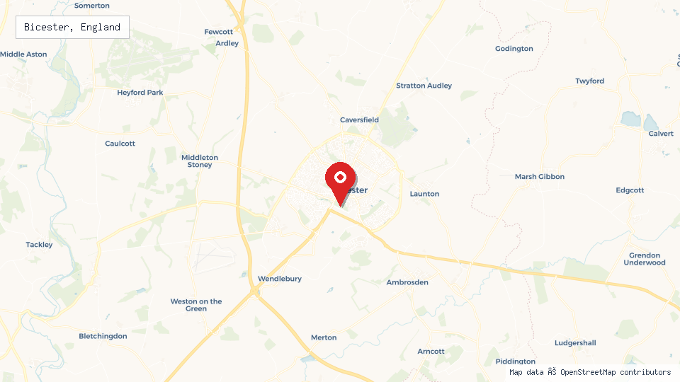 Street map of Bicester, England with location pin