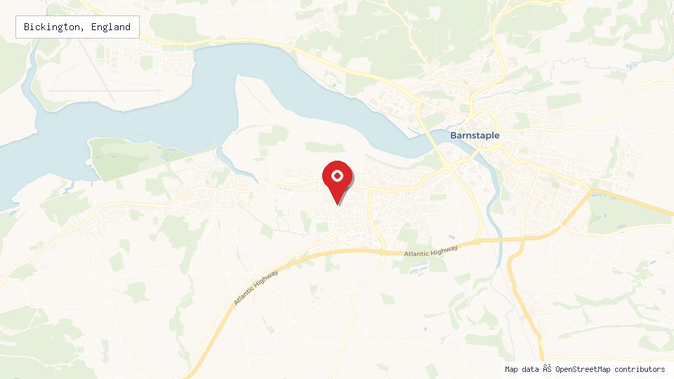 Street map of Bickington, England with location pin