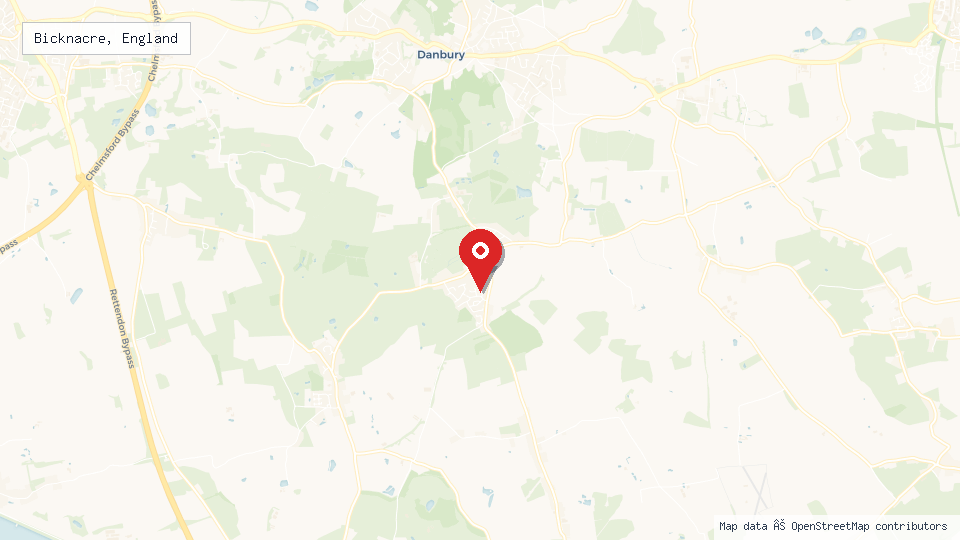 Street map of Bicknacre, England with location pin