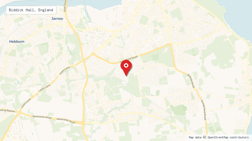 Street map of Biddick Hall, England with location pin