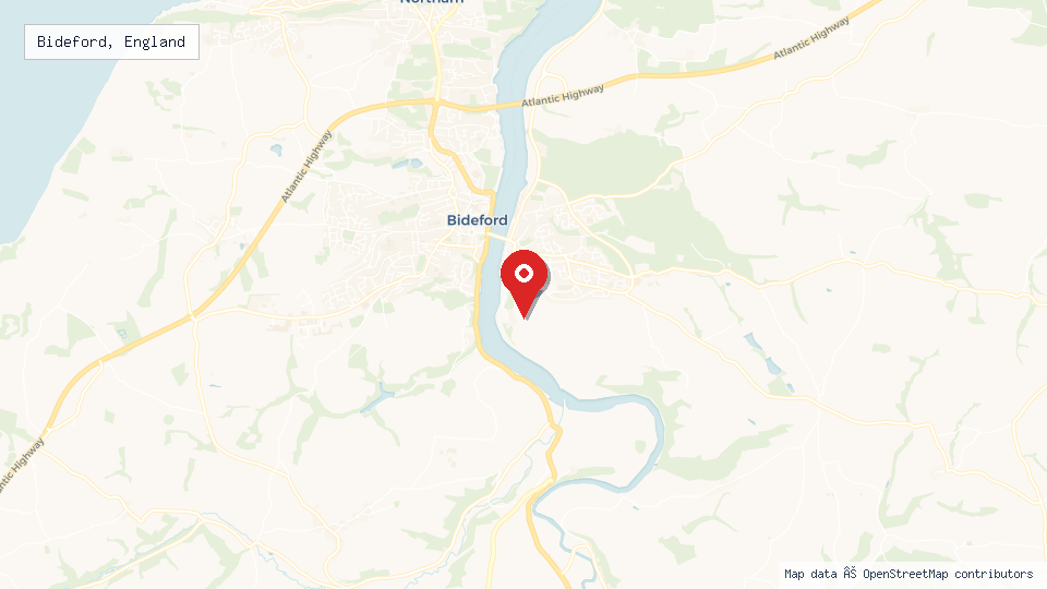 Street map of Bideford, England with location pin