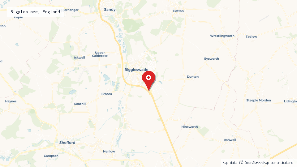 Street map of Biggleswade, England with location pin