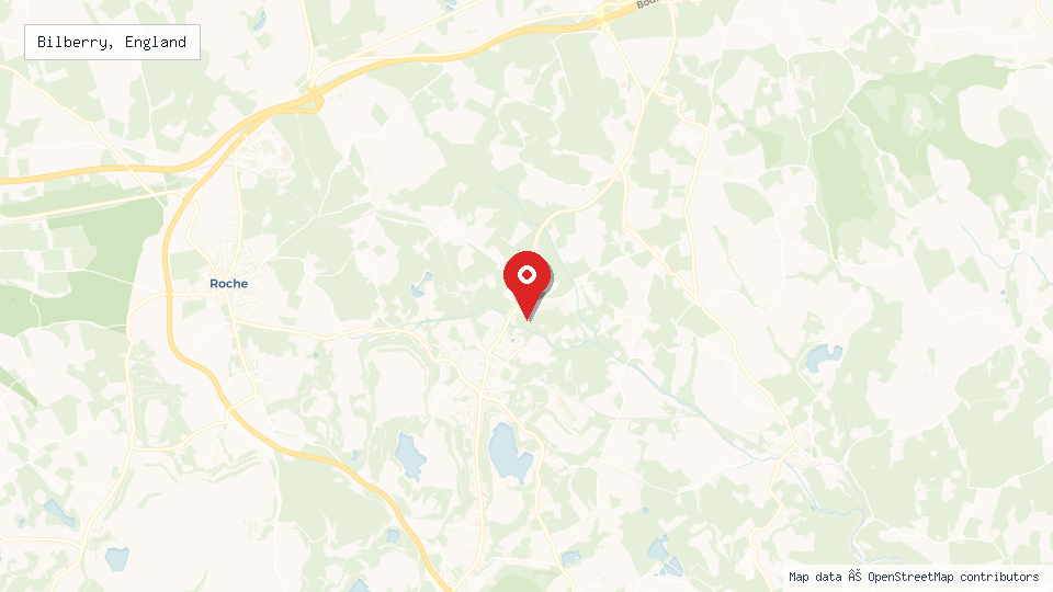 Street map of Bilberry, England with location pin