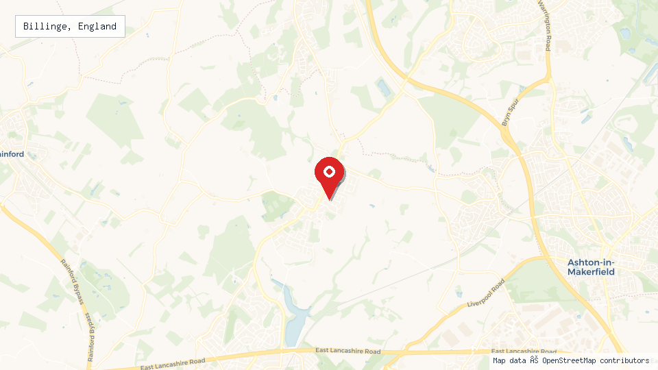 Street map of Billinge, England with location pin