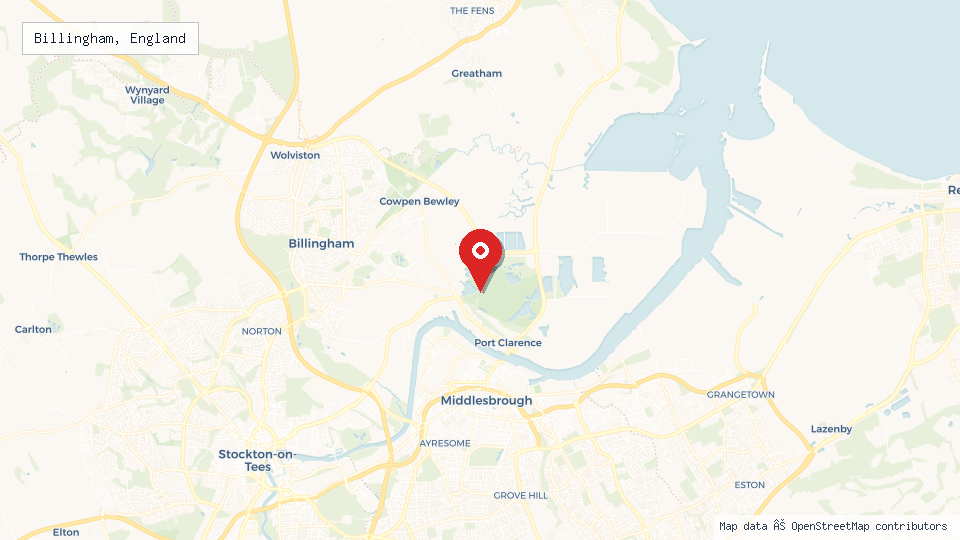 Street map of Billingham, England with location pin